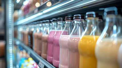 Refrigerated shelf with various drinks. - obrazy, fototapety, plakaty