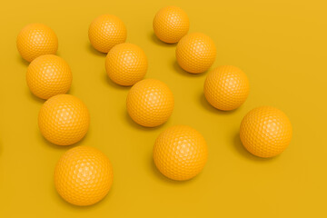 Set of golf ball lying in row on monochrome background