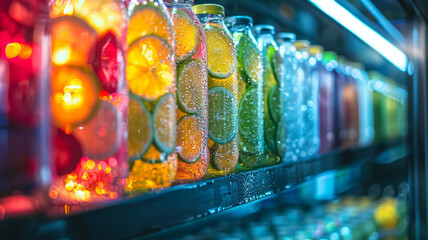 Bottled beverages in a vending machine. - obrazy, fototapety, plakaty