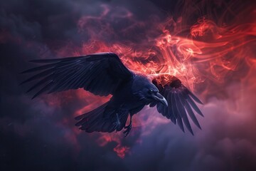 A raven flying in the dark, smoke and red light coming out of its wings. AI generated illustration - obrazy, fototapety, plakaty
