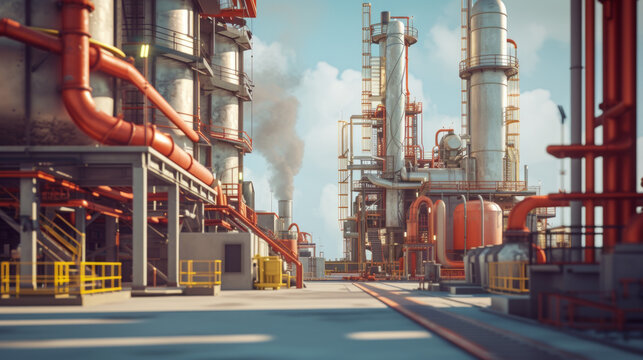 A petrochemical plant with complex distillation columns and storage tanks, currently still but ready to process petroleum into various chemical compounds