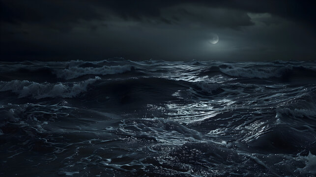 A dark stormy sea with waves under a night sky in high resolution photography