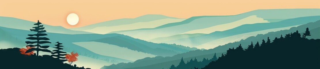Creative minimalist hand painted illustrations of Mid century modern. Natural abstract landscape background. mountain, forest, sea, sky, sun and river. AI generated illustration