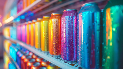 Colorful canned drinks on a store shelf