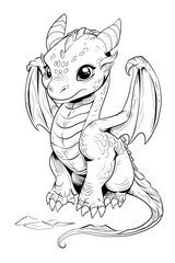 Cute little dragon with wings coloring page for children. Black and white picture. AI Generated 