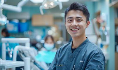 Young Chinese dentist at work, realistic portrait, happy face.