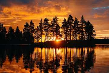 Fototapeta premium Sunset silhouetting pine trees on a tranquil lake