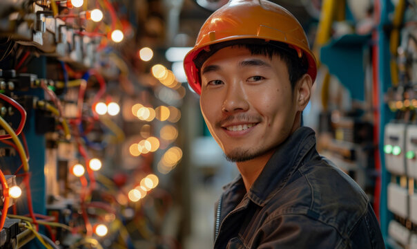 Young Chinese electrician at work, realistic portrait, happy face.