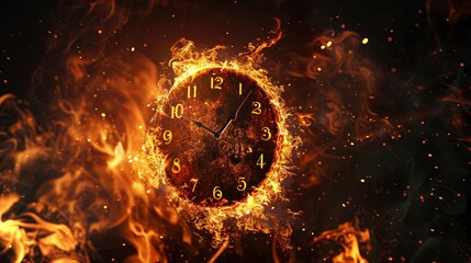 A simple clock face is set ablaze, conveying time's unstoppable march or a looming deadline