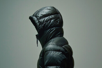 Profile of a person in a black puffy jacket against a dim background