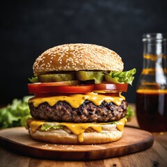 Burger. For food market or restaurant. Background for design, print, card, banner, poster, flyer, advertising, wallpaper, menu.