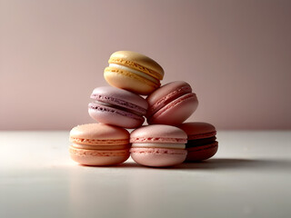 Obraz na płótnie Canvas A cluster of vivid coloured macarons in shades of pink and cream, floating in mid-air against a white background, with soft shadows casting a gentle depth beneath each one. 