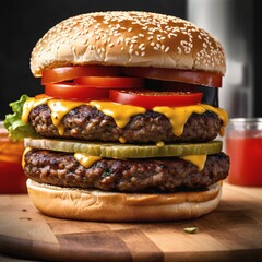 Burger. For food market or restaurant. Background for design, print, card, banner, poster, flyer, advertising, wallpaper, menu.
