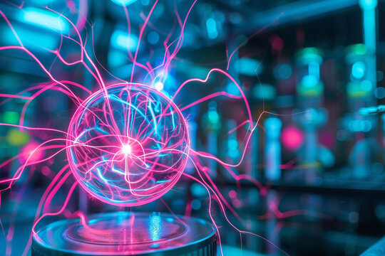 A captivating image of a vacuum chamber experiment in a physics lab, showcasing a plasma ball with tendrils of electric blue and pink light.