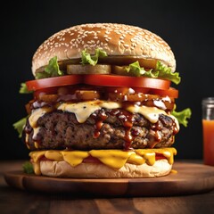 Burger. For food market or restaurant. Background for design, print, card, banner, poster, flyer, advertising, wallpaper, menu.