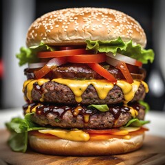 Burger. For food market or restaurant. Background for design, print, card, banner, poster, flyer, advertising, wallpaper, menu.