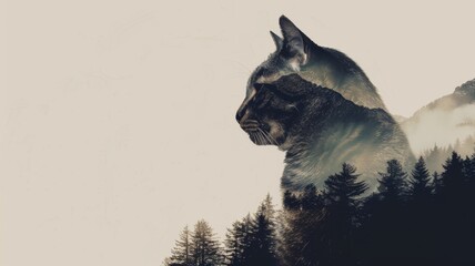 portrait of a cat in a forest, double exposure