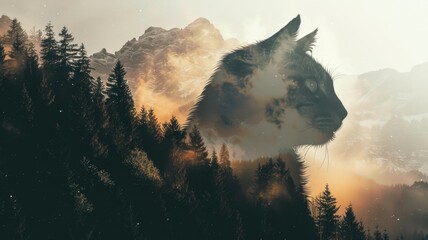 portrait of a cat in a forest, double exposure - obrazy, fototapety, plakaty