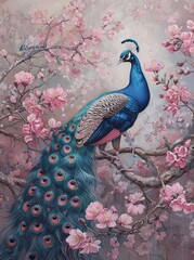 colorful peacock with pink flowers - 778484753