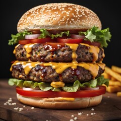Burger. For food market or restaurant. Background for design, print, card, banner, poster, flyer, advertising, wallpaper, menu.