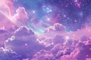 Shimmering starlight and ethereal clouds in pink and purple hues, celestial fantasy background, digital illustration - obrazy, fototapety, plakaty