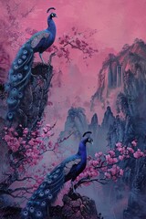 2 colorful peacocks with pink flowers - 778484925