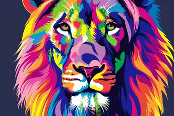  Trendy t-shirt design with colorful geometric lion portrait, vibrant animal art for fashion apparel print