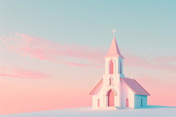 Pink and blue pastel church against a sunset sky