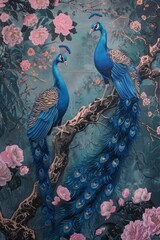 2 colorful peacocks with pink flowers - 778484997