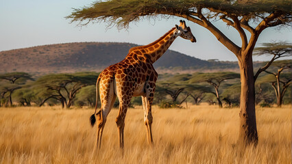giraffe in the savannah - obrazy, fototapety, plakaty