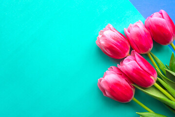 pink tulips on blue and green background. Easter or Mother's Day greeting card. Copy space for the...