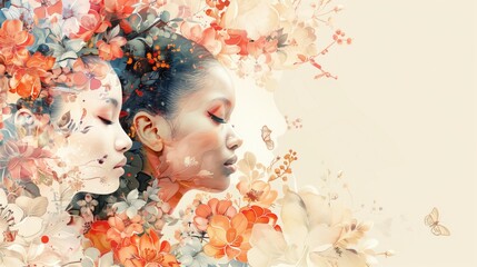 Artistic double exposure image blending two female portraits with vibrant floral patterns, creating a visually striking and harmonious composition..