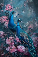 2 colorful peacocks with pink flowers - 778485187