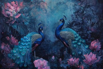 2 colorful peacocks with pink flowers