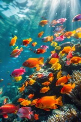Fototapeta na wymiar School of Fish Swimming Over Coral Reef