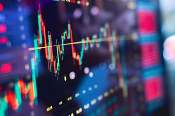 Close-up of stock market data on a digital screen with graphs