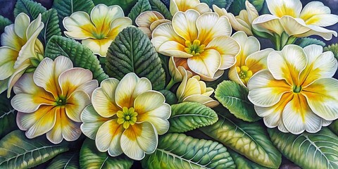 Beautiful Primroses flowers Painted With Oil Paint, Spring Background, Summer Flower Background - obrazy, fototapety, plakaty