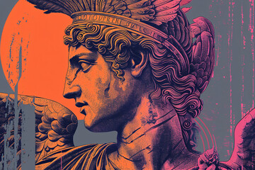 Graphic of a classical statue with a vibrant orange backdrop and pink overlays