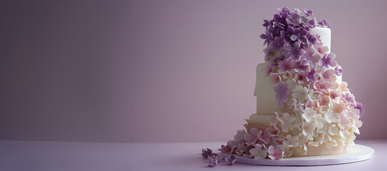 Wedding Cake Adorned With Purple and White Flowers