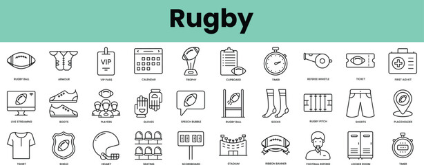 Fototapeta na wymiar Set of rugby icons. Linear style icon bundle. Vector Illustration