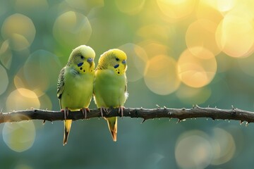 Two Green Parakeets Sitting on a Tree Branch
