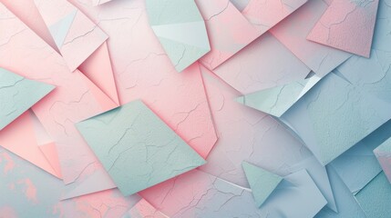 A textured background made of overlapping geometric shapes in pastel tones.