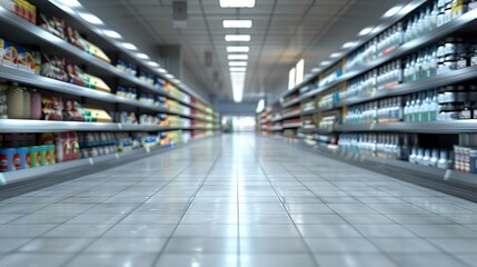 Interior view of a modern grocery store and customer, blurred background with bokeh light. AI generated illustration