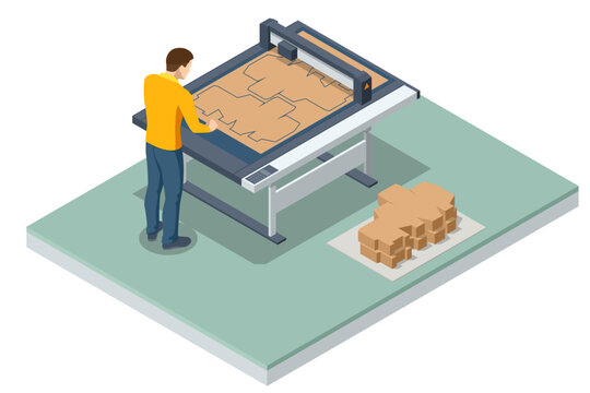 Isometric, Cutter in a printing company. Cutting plotter. Printing house production process facilities equipment. The man is working with laser cutter machine and takes out the finished product
