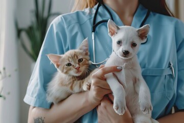 female veterinarian holding cat and dog in hands. Hospital background. AI generated illustration