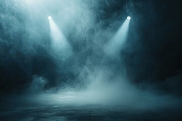 Spot light interior. Realistic directed light streams, illuminated fog, theatre scene or concert club searchlights beams, cold temperature rays. AI generated illustration - obrazy, fototapety, plakaty