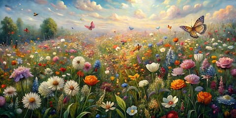 Obraz na płótnie Canvas Beautiful Spring Flowers In Field Oil Painting, Spring Flowers Landscape