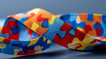 Colorful puzzle pattern ribbon close-up. Autism awareness concept. Macro shot for campaign materials, educational content design