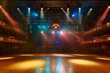 Empty disco stage with glowing lights and a classic mirror ball.