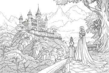 Princess by magic palace coloring page for children. Black and white picture. AI Generated 